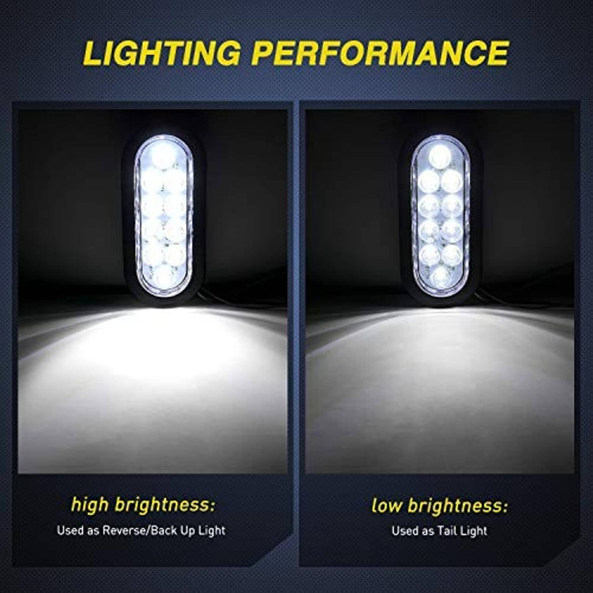 Lit oval LED trailer tail light with bright white glow in black housing