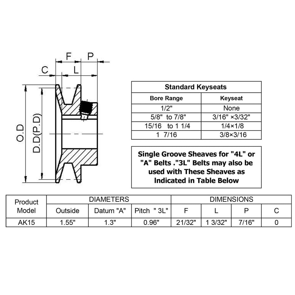 AK15 belt pulley sheave dimension and keyseat specification diagram