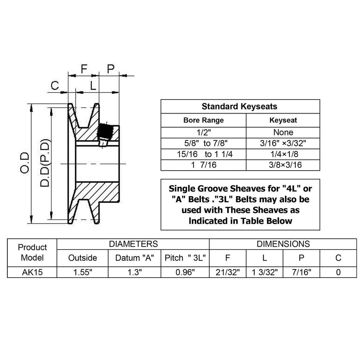 AK15 belt pulley sheave dimension and keyseat specification diagram