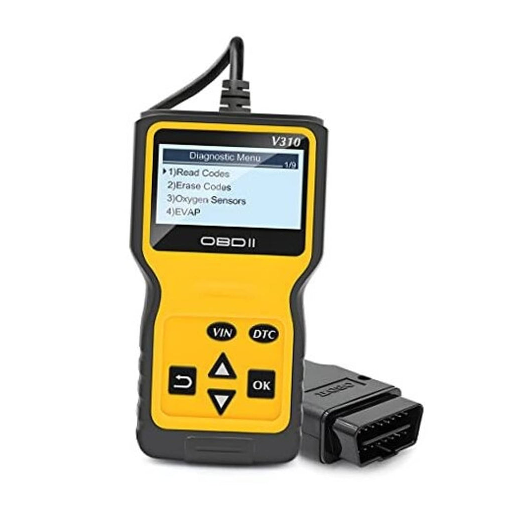 AUCELI OBD2 code scanner with yellow handheld display and black OBDII plug