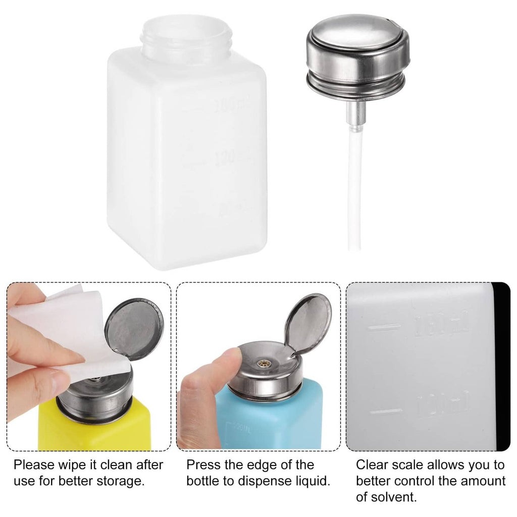 White alcohol dispenser bottle with silver push-down cap; clear measurement scale.