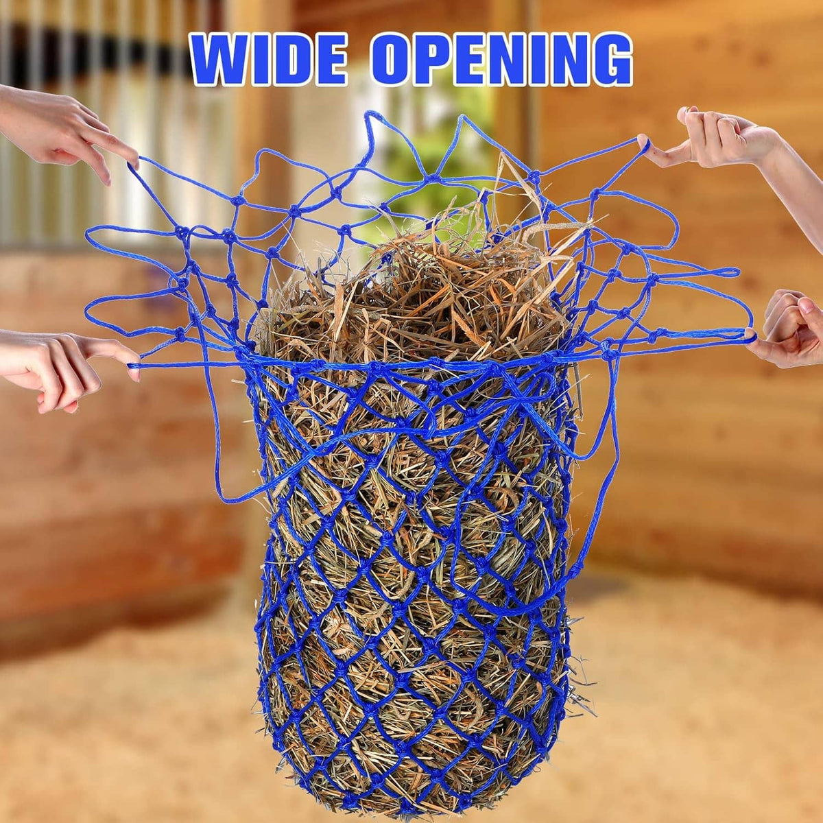 Blue mesh slow feeder hay net bag with wide opening filled with hay