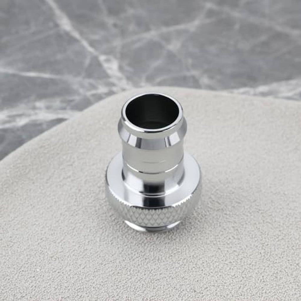 Silver hose barb connector with wide base, textured grip, and dark inner sealing opening