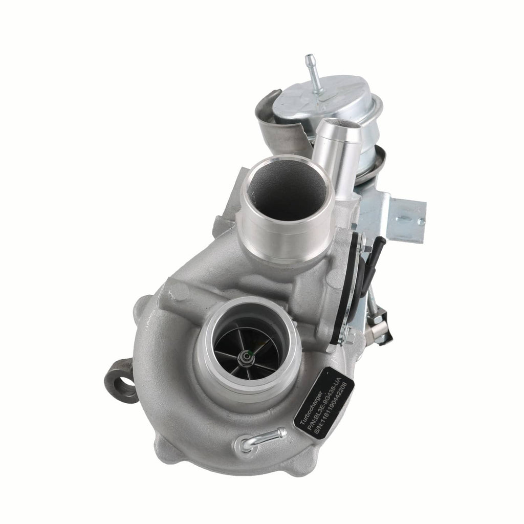 Turbocharger with silver housings and black compressor cover, side view