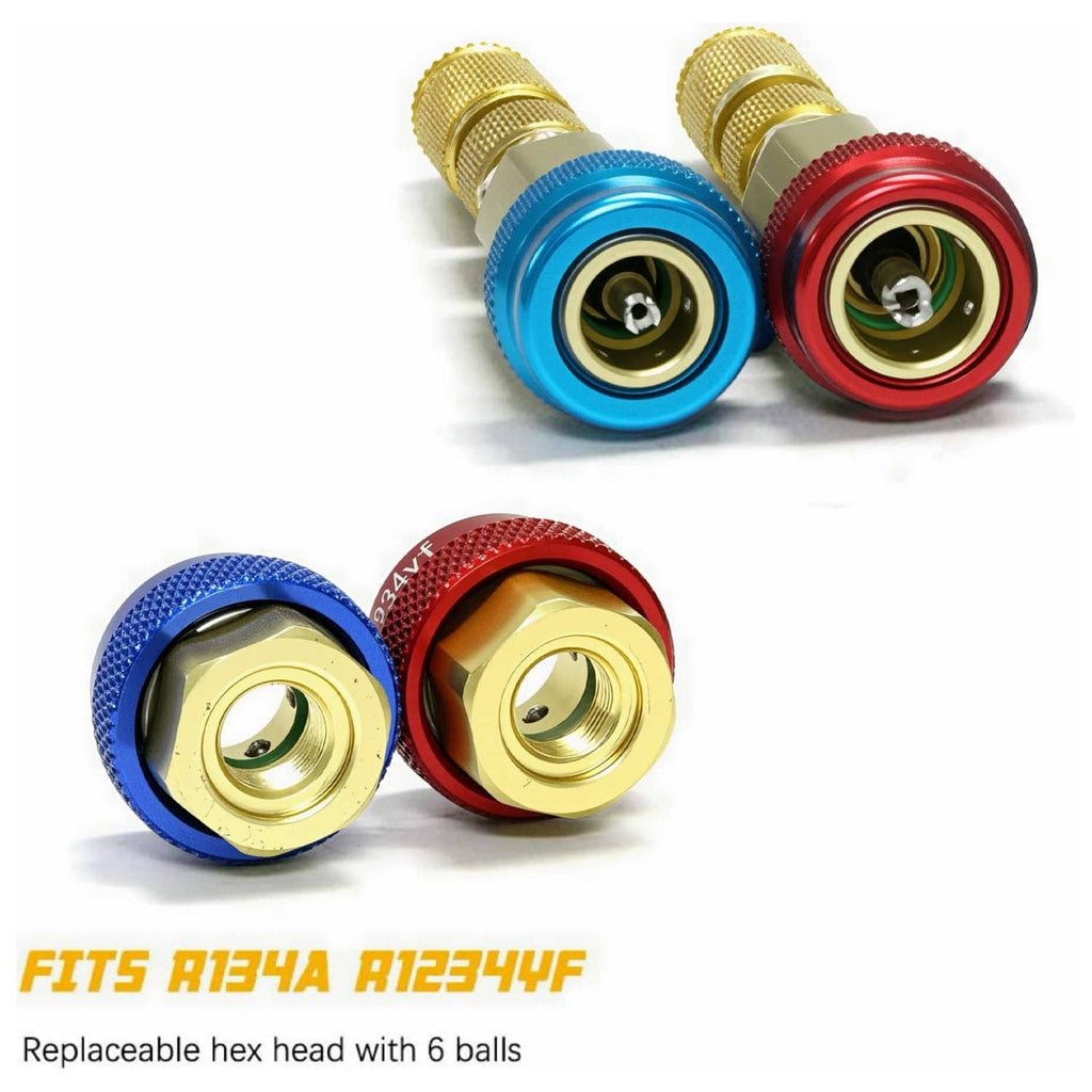 Blue and red valve core remover installer tips with gold knurled hex heads