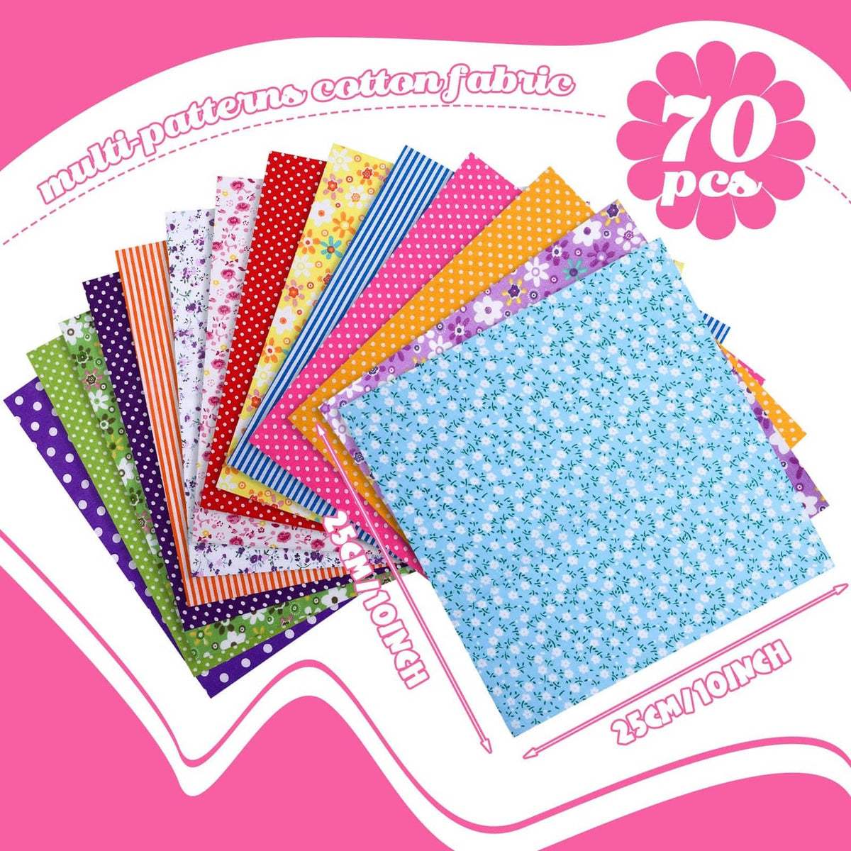Assorted cotton fabric squares bundle with floral and polka-dot prints in multicolor