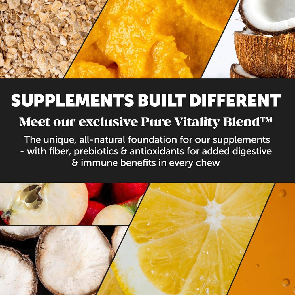 Supplement ingredients collage with lemon, mushrooms, and apple slices.