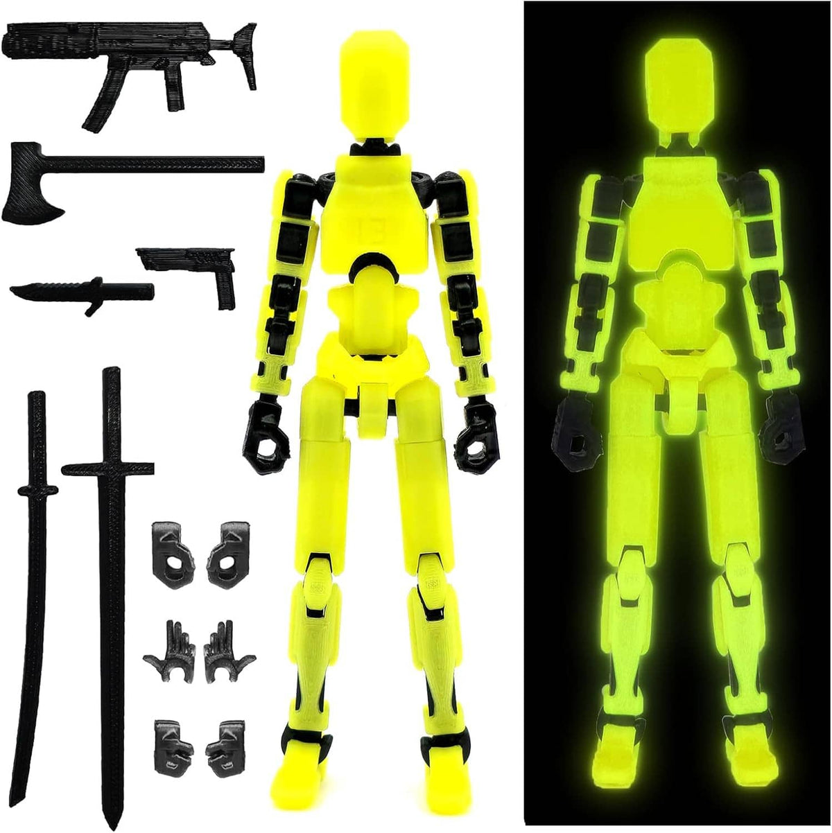 Neon yellow action figure front view with black gear accents; glowing effect visible.