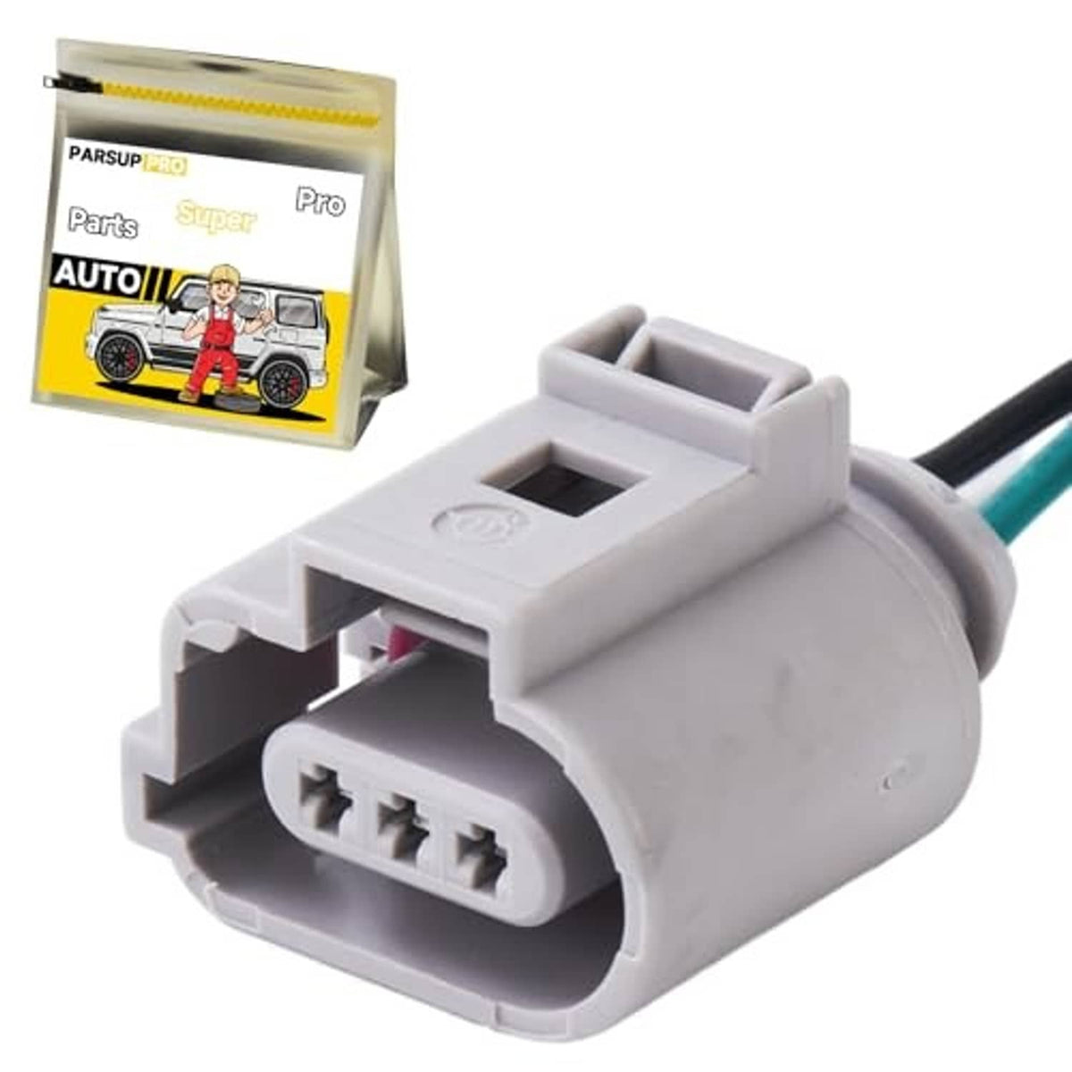 3-pin position sensor connector, gray housing with latch, teal/black wires