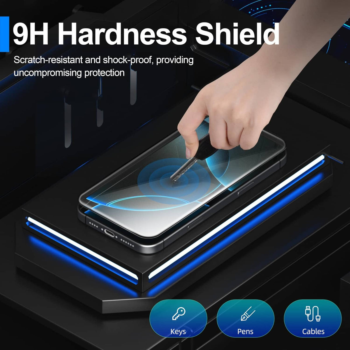 Screen protector being applied to phone display with alignment guides