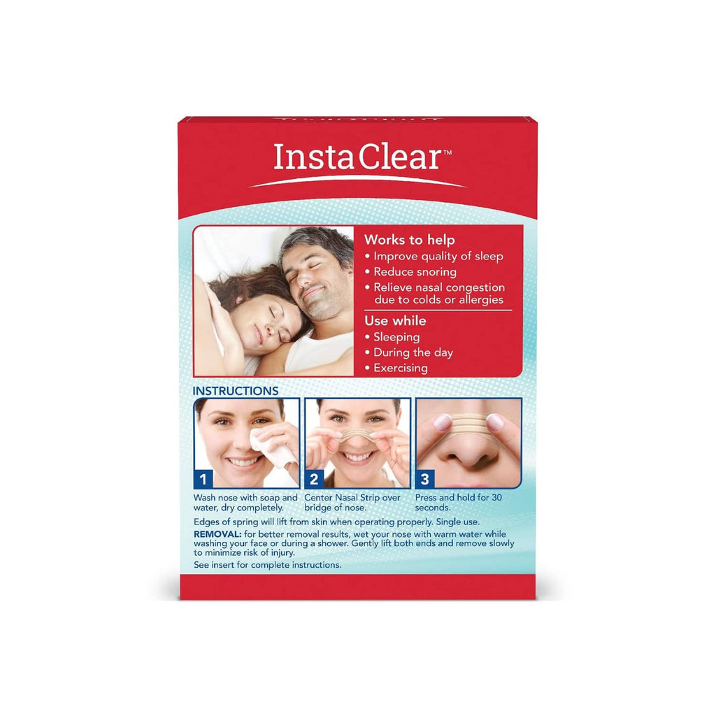 Instaclear Extra-Strength nasal strips back panel with application steps.