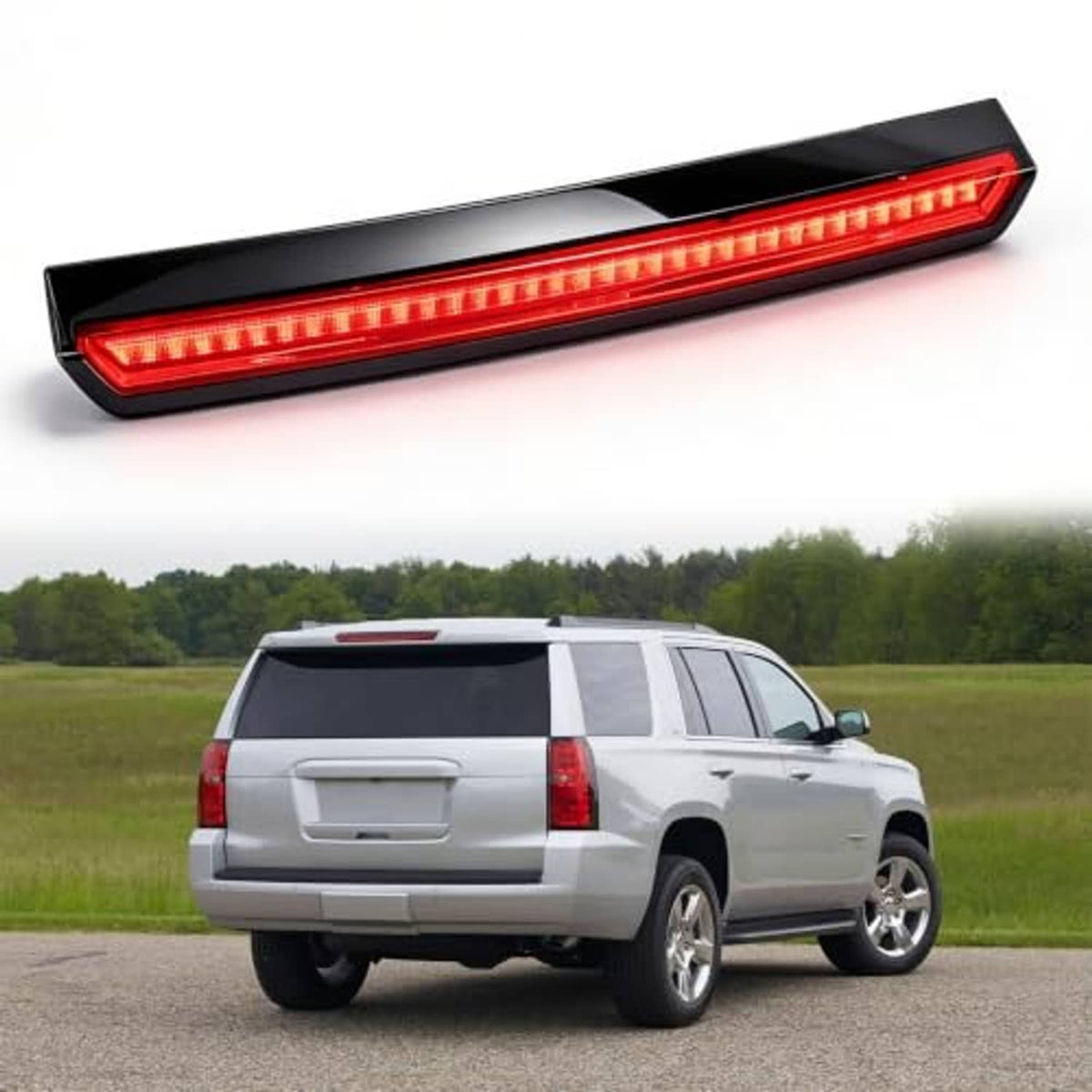 LED 3rd brake light bar, red LED glow, angled view in black casing