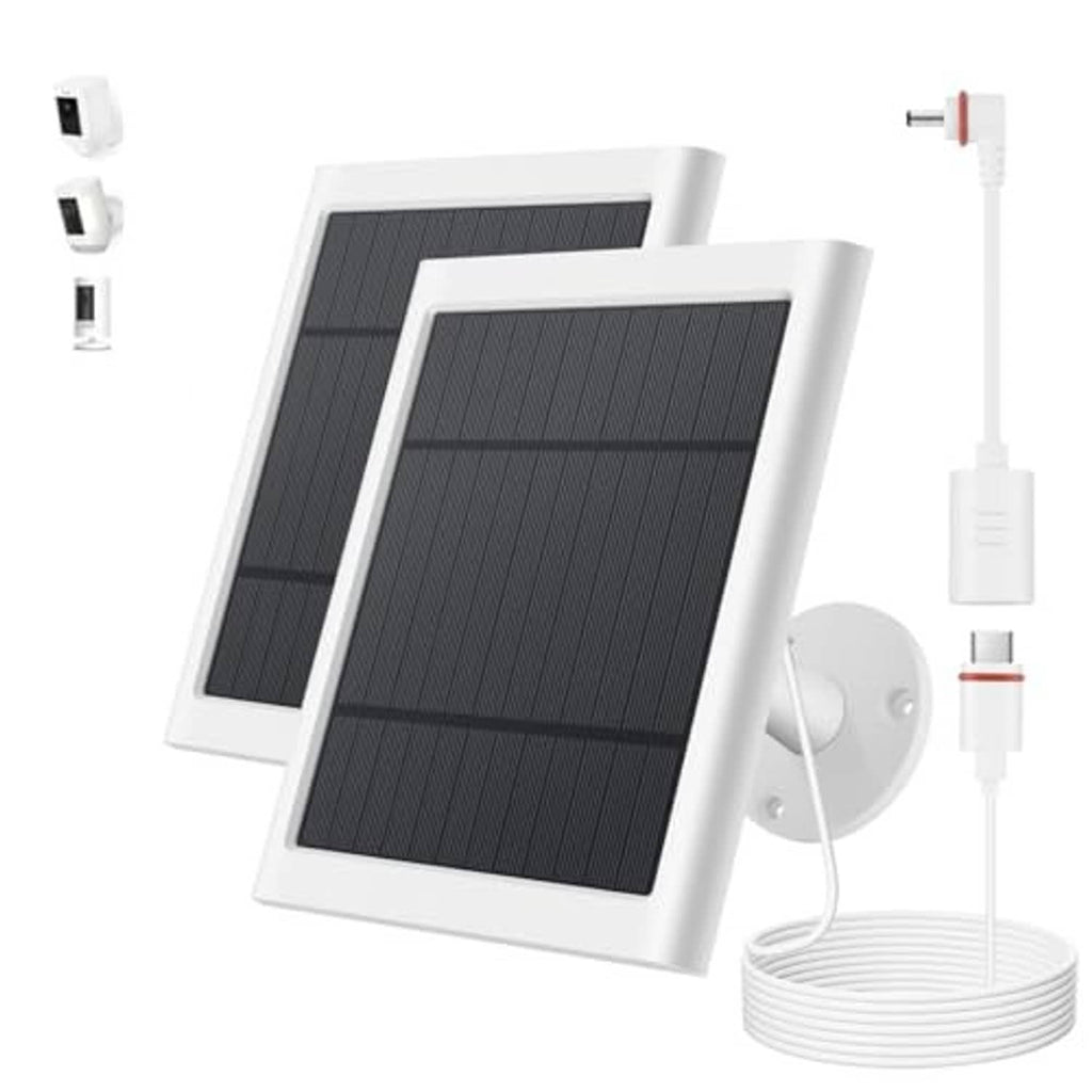Solar panel charger with two dark panels, wall mount bracket, and white power cable
