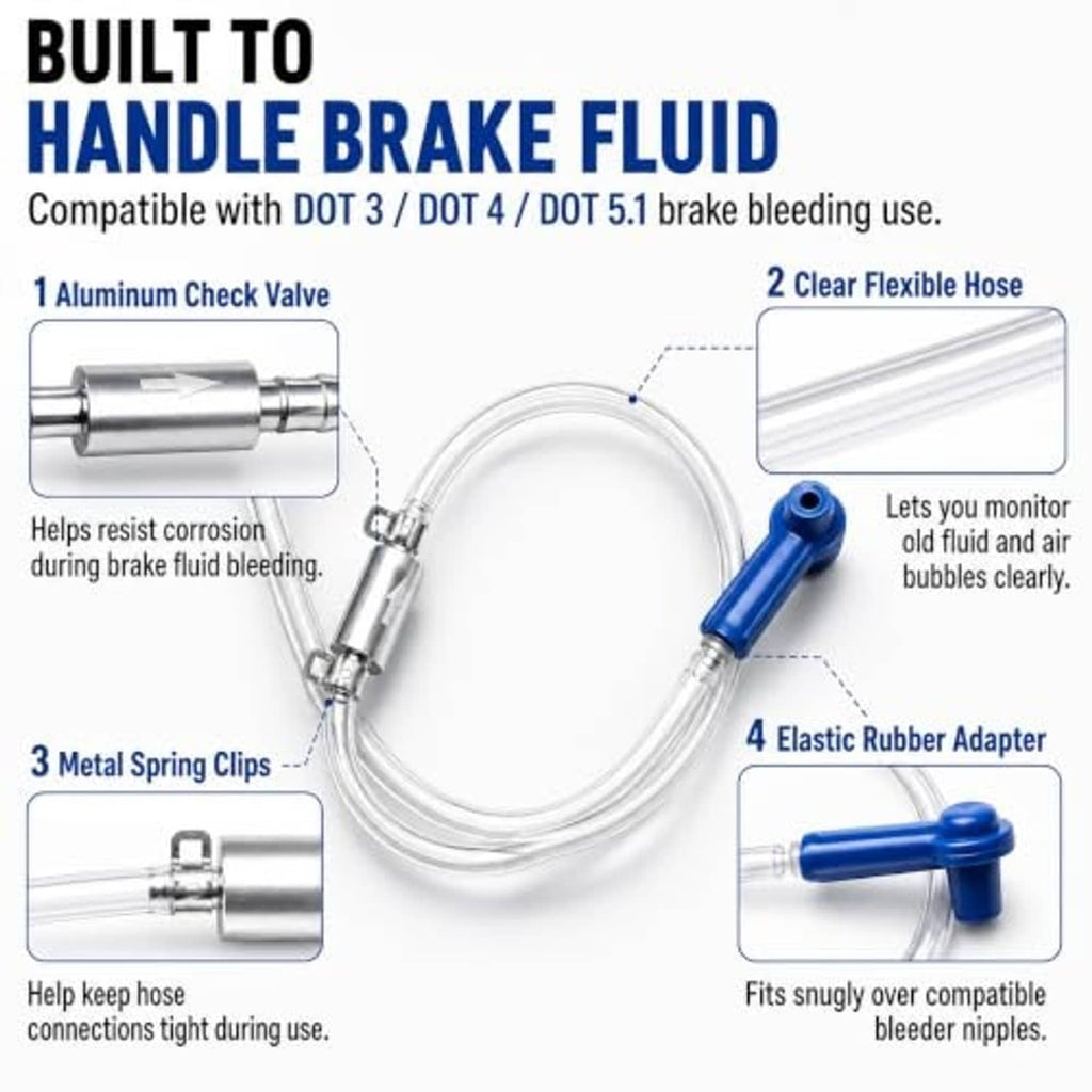 Brake bleeder hose kit with clear tubing, blue one-person adapter, and metal check valve
