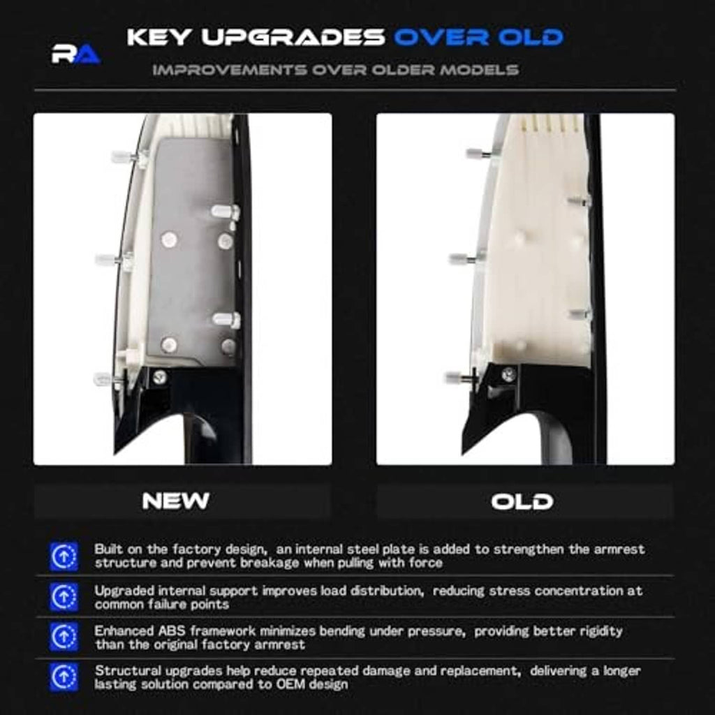 Front left armrest repair kit showing reinforced armrest structure versus older design