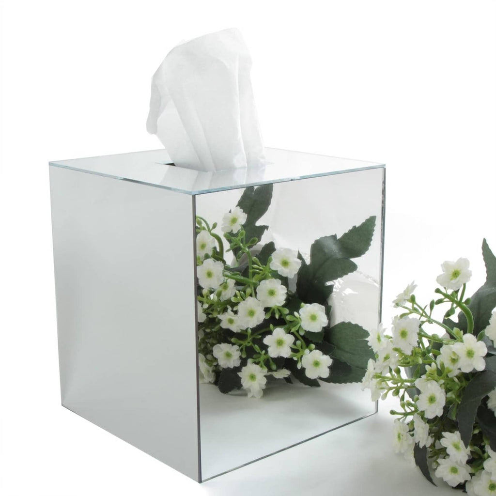 Square acrylic mirror tissue box cover with tissues visible above the open top