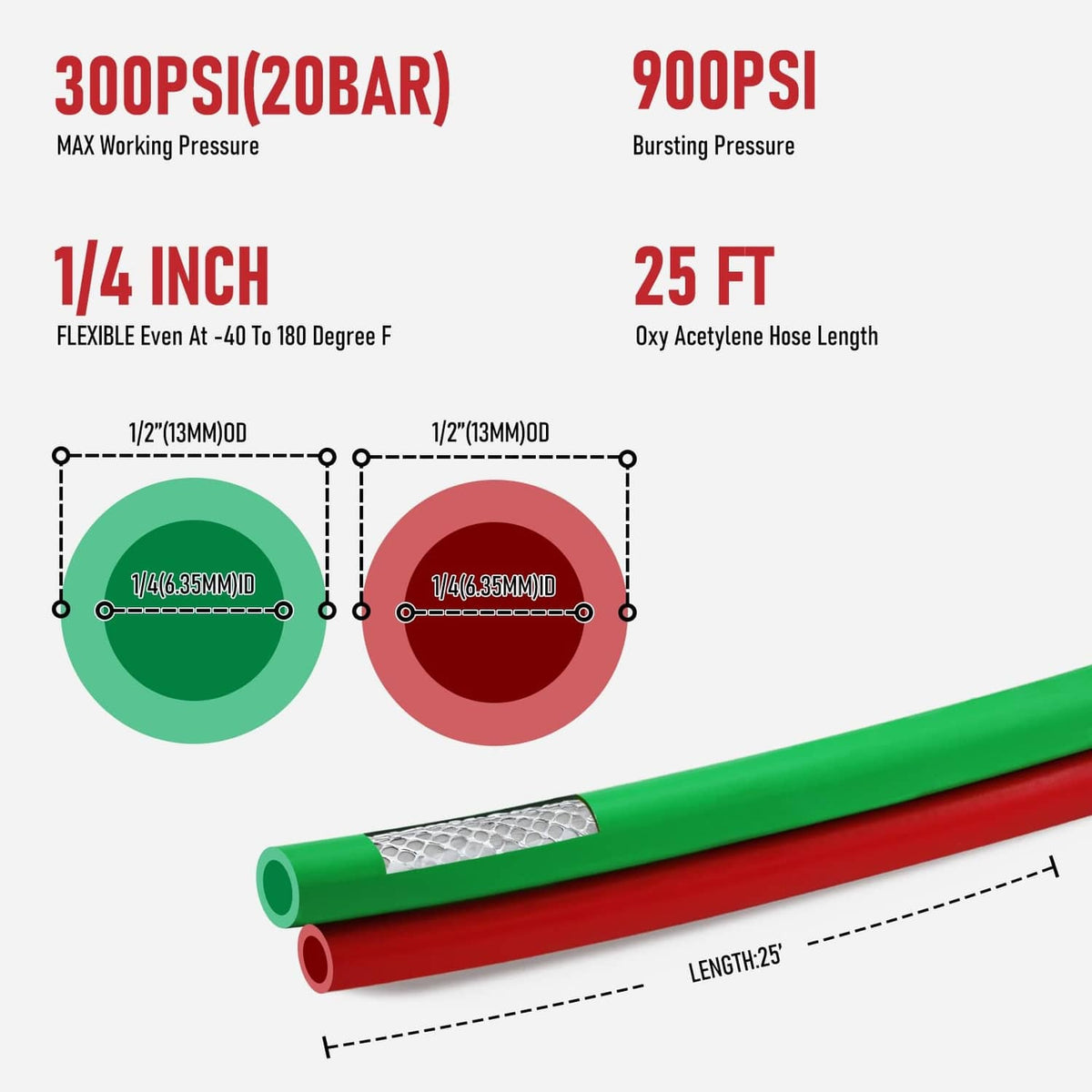 Red and green twin welding hose with measurement diagram, 1/4 inch size