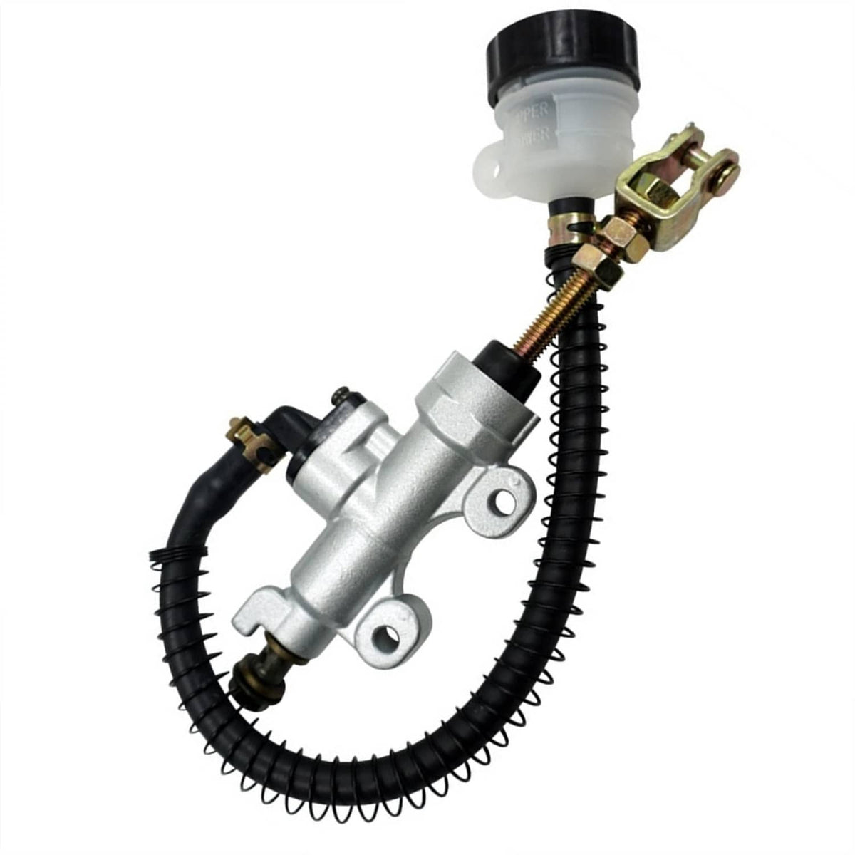 Rear brake master cylinder pump assembly with reservoir and mounting bracket