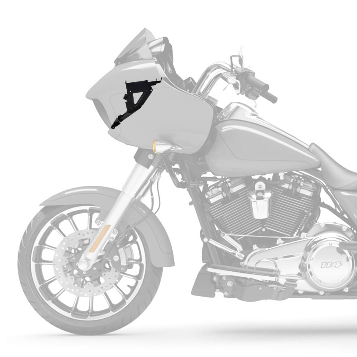 Black radio frame bracket mount shown on a motorcycle front fairing area