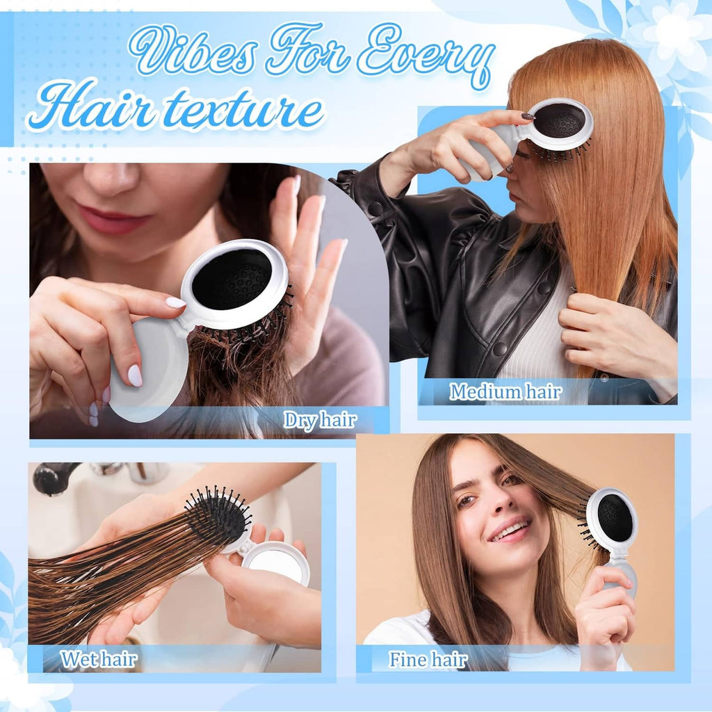 Mini folding hair brush with mirror for hair styling, white case with black bristles