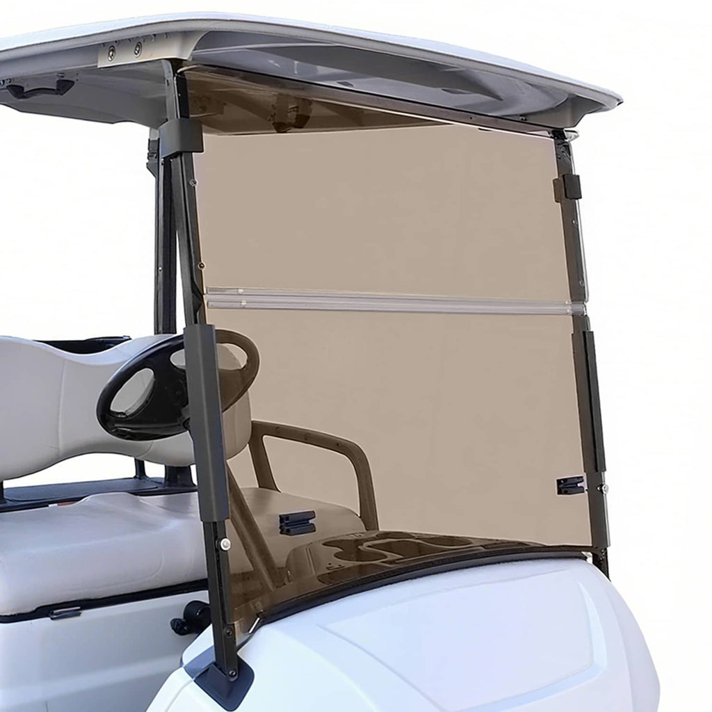 Golf cart tinted folding down windshield with dark brown panel and black support frame