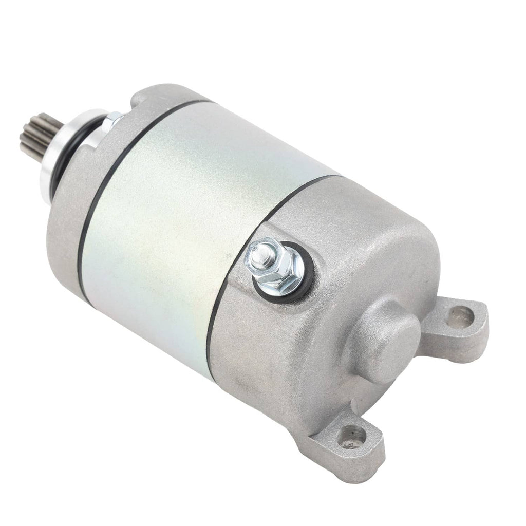 ATV starter motor assembly side view with spline shaft, mounting holes, and top fastener.