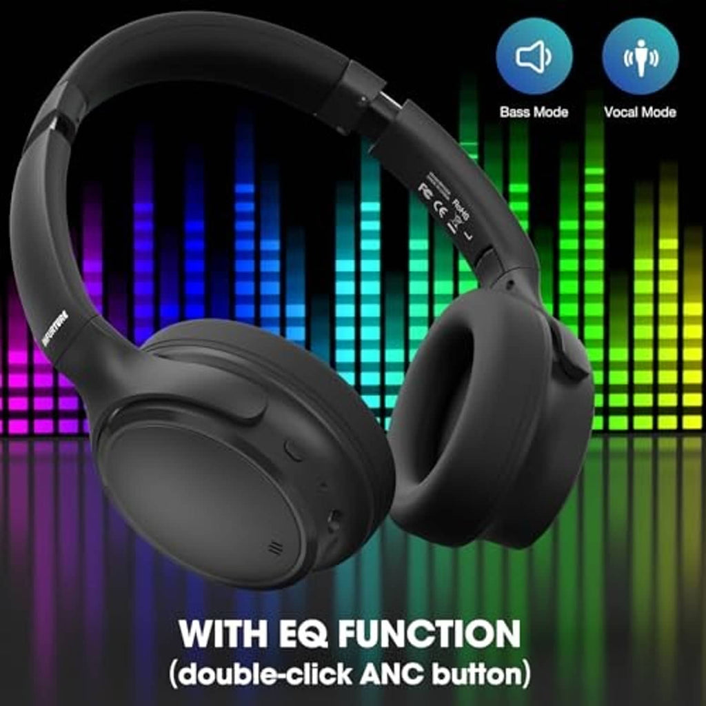 Black over-ear headphones with EQ function, showing headband and earcups