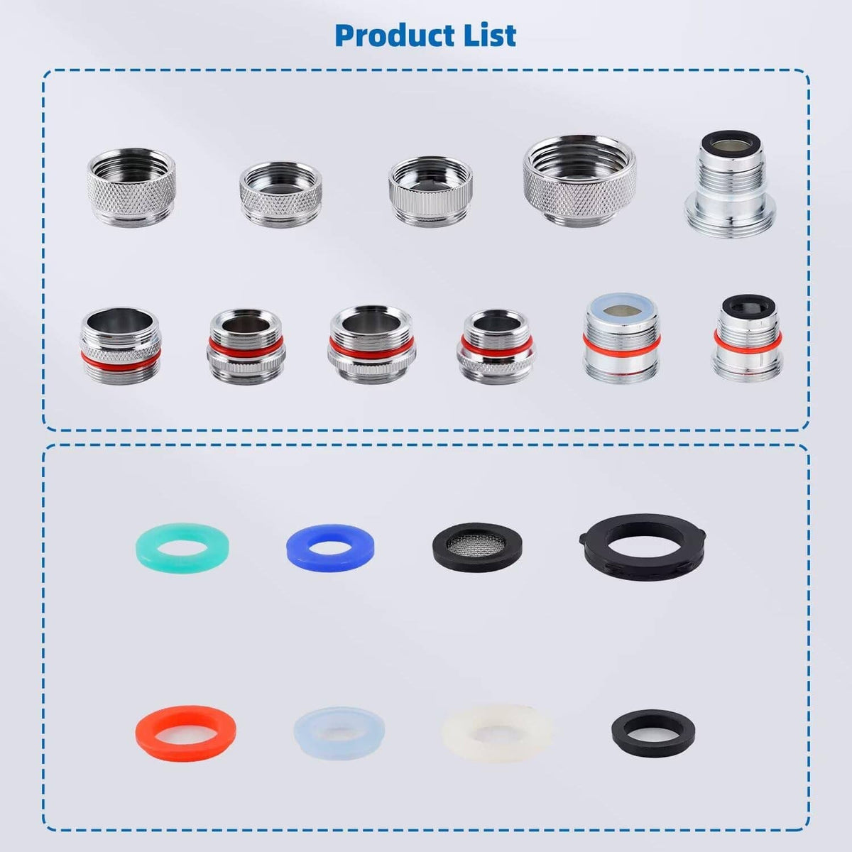 Replacement rubber washers and adapter parts in chrome and colored gasket materials