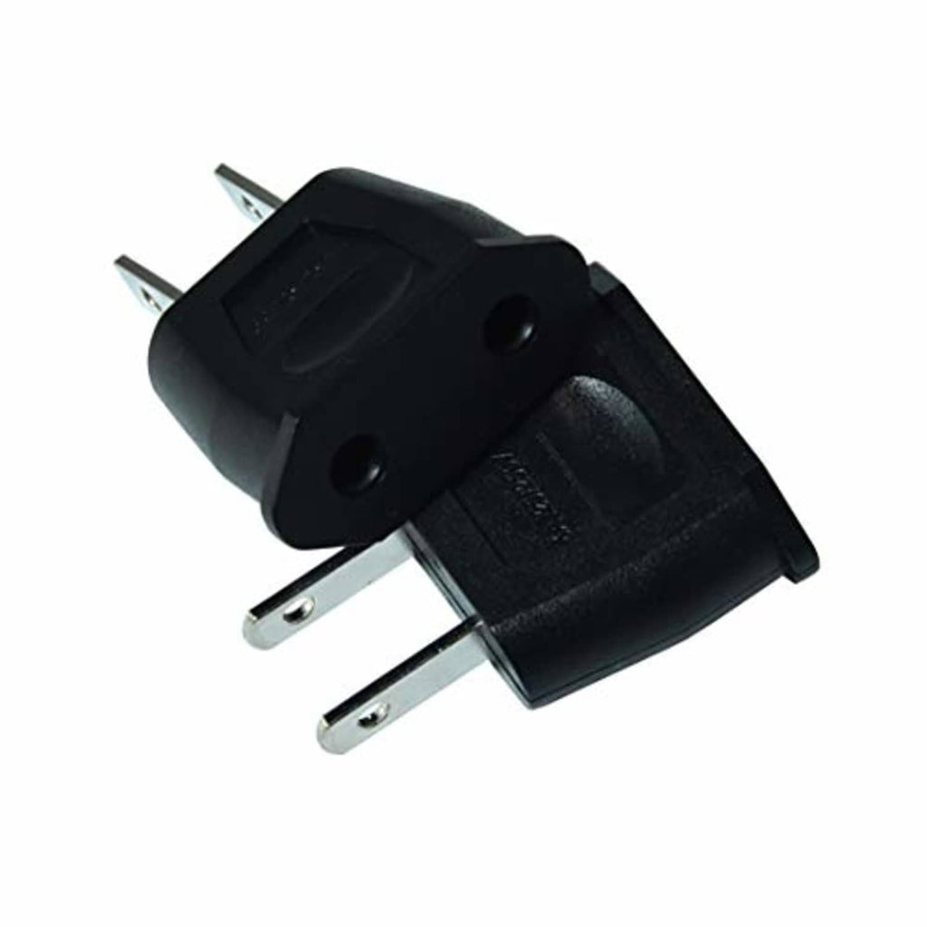 Black EU to US travel plug adapter with two flat pins, compact body