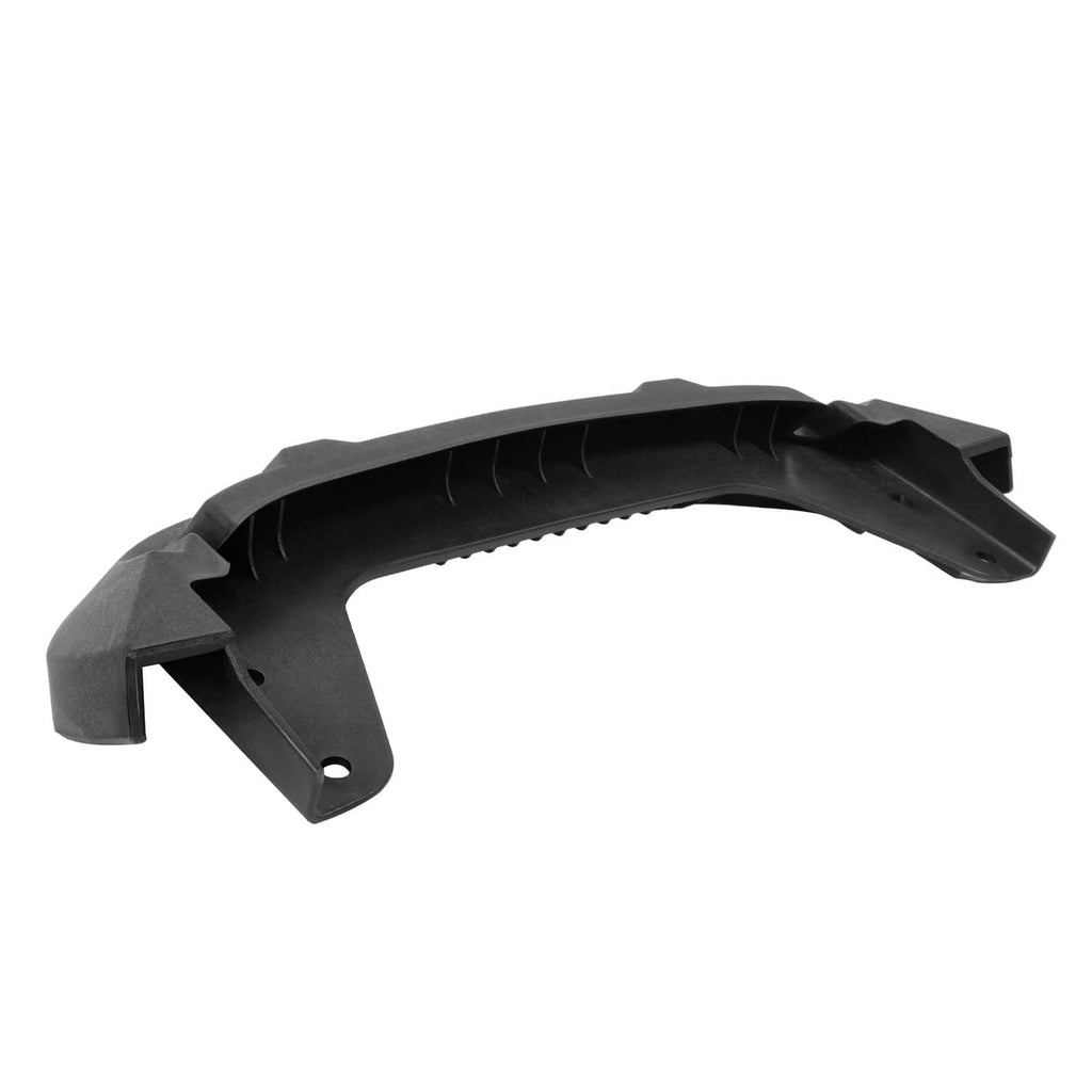 Black hood pivot bracket with curved outer edge and angled mounting tab