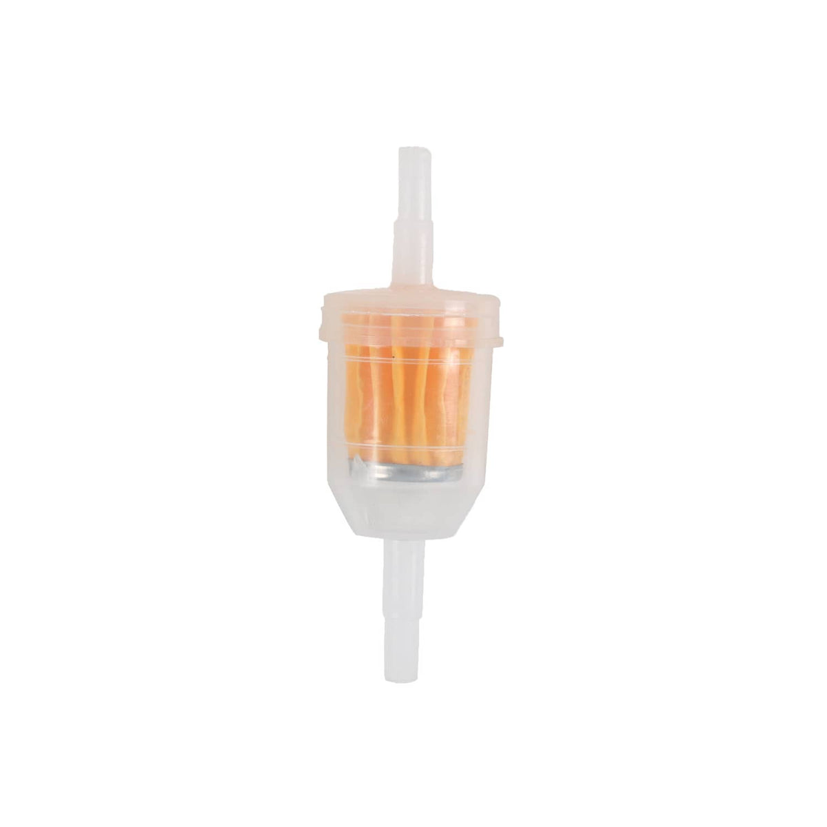 Clear inline fuel filter with orange insert and white mounting ends