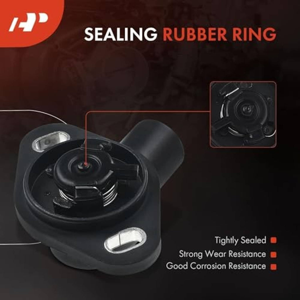 Throttle position sensor with sealing rubber ring shown in close-up, black housing