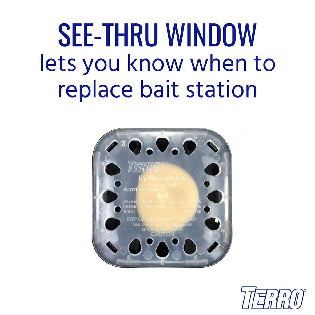 See-through roach bait station window on gray and black base