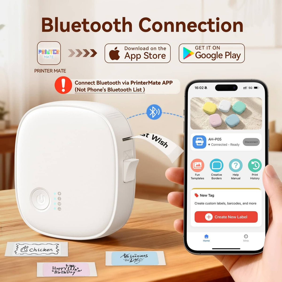White label maker connected to app on smartphone with label templates