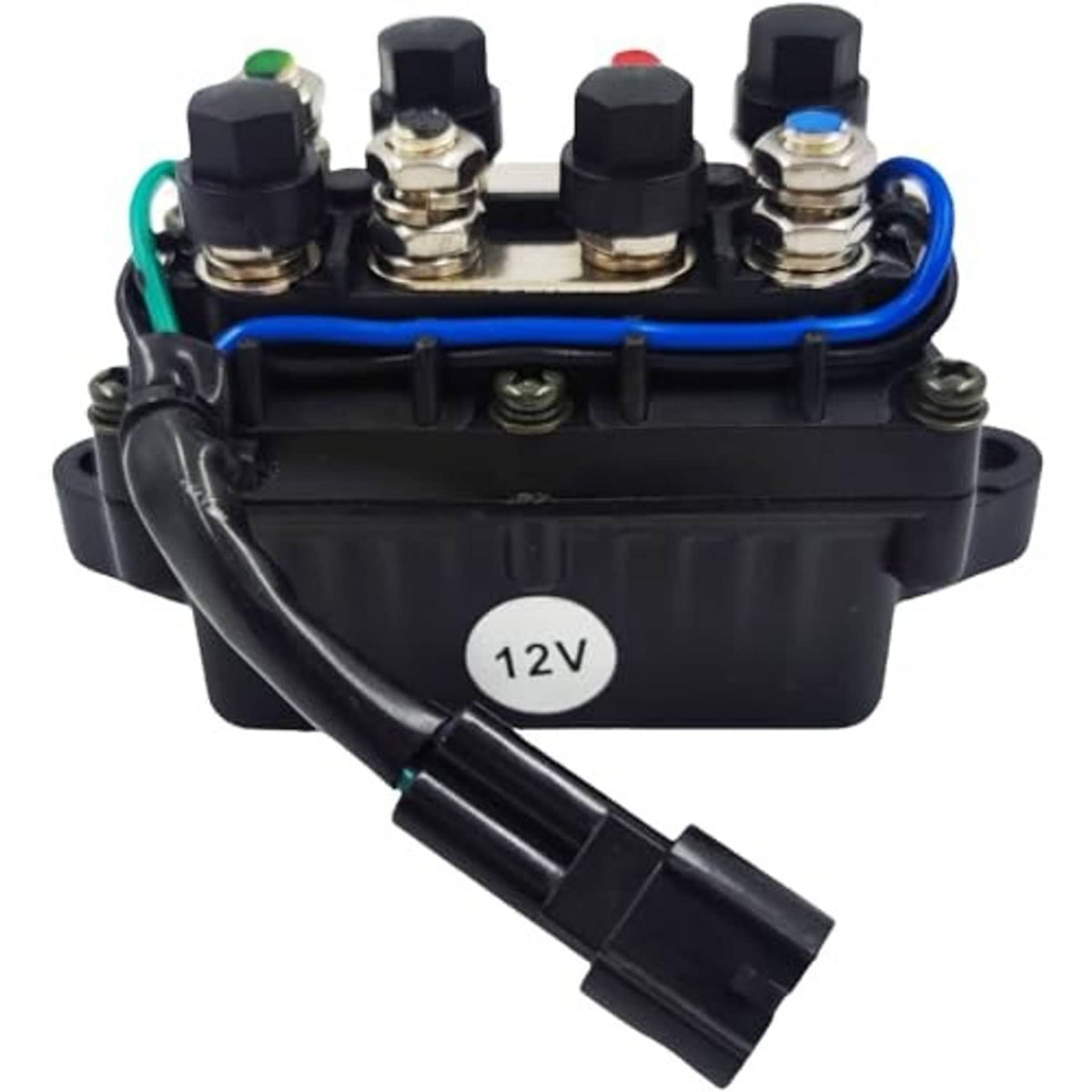 12V power trim tilt relay with black housing, four screw terminals, blue wires