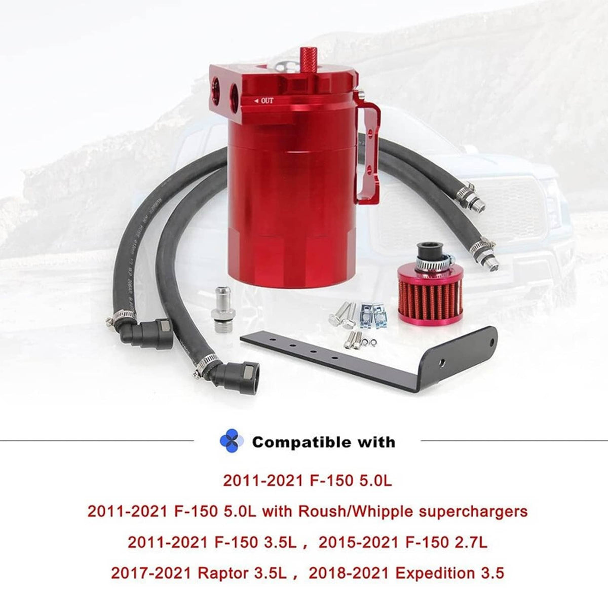 Red oil catch can tank kit with bracket plate, black hoses, and small fittings