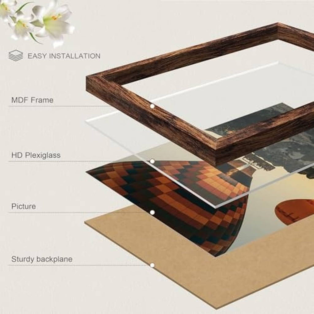 Brown picture frame exploded view showing MDF backboard, plexiglass, and picture insert