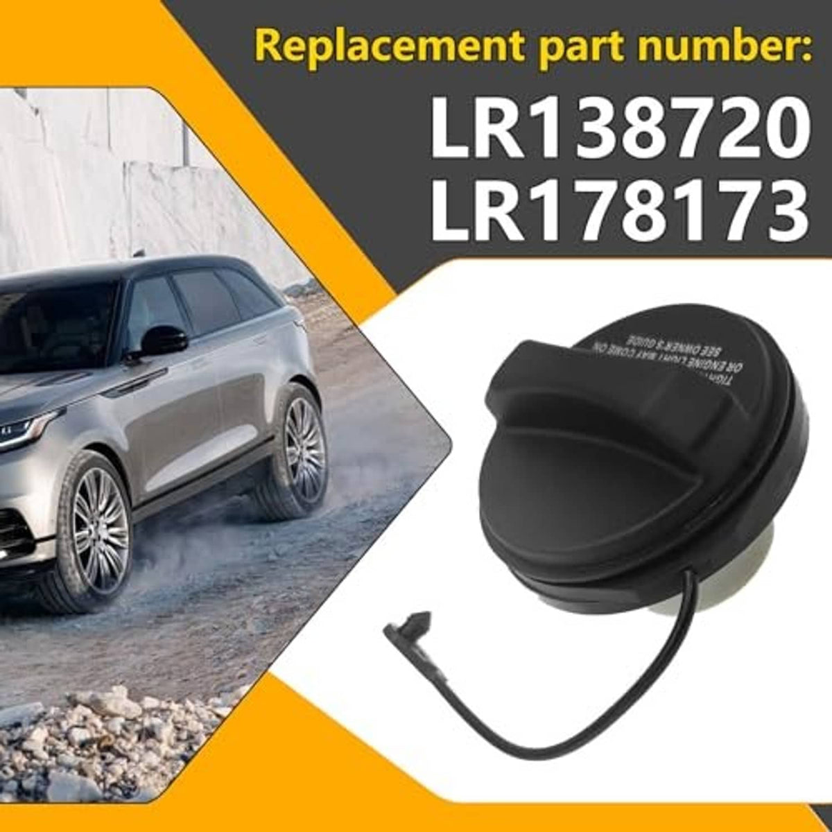 Black fuel cap with tether cord, replacement part number label shown