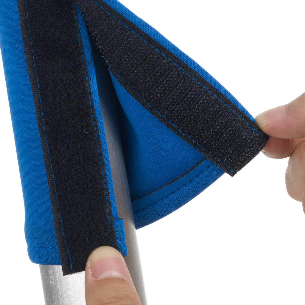 Stainless steel pool handrail with blue fabric grip sleeve and black trim edge