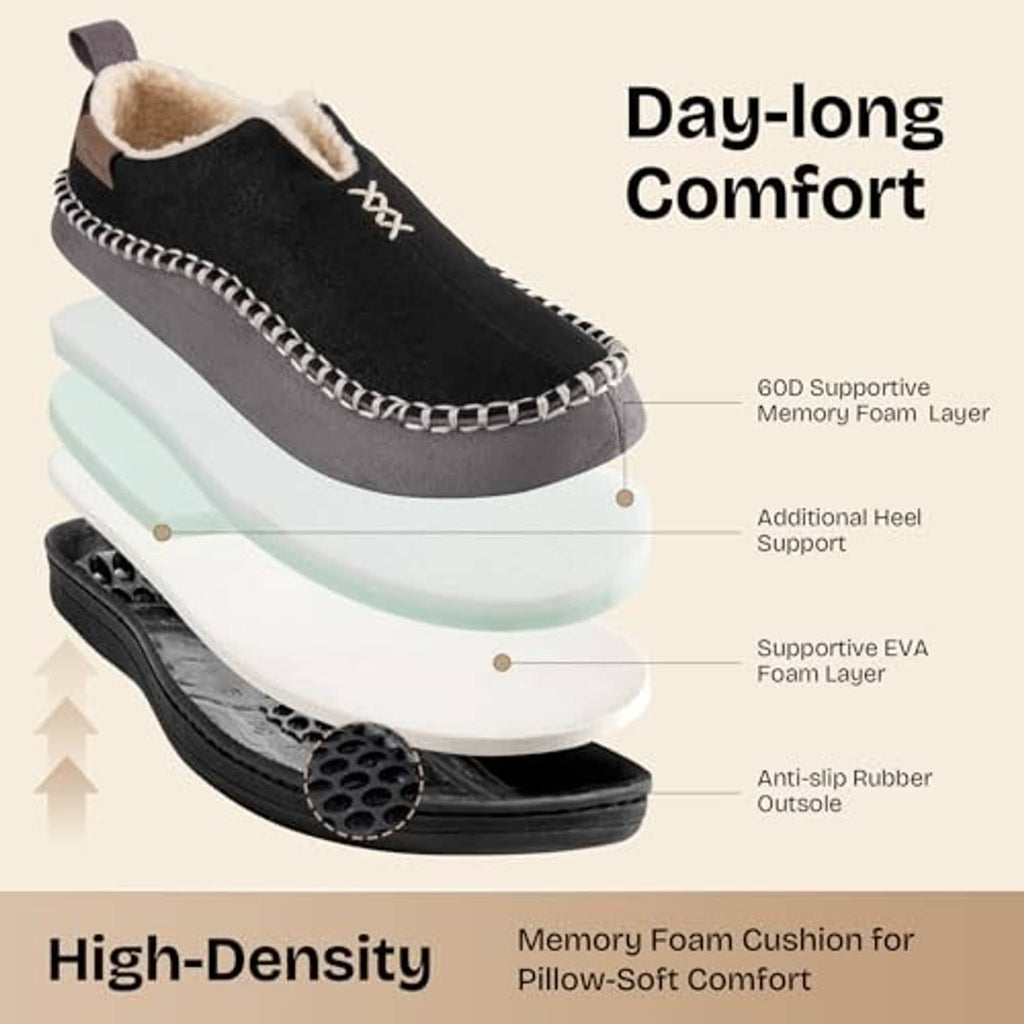 Men's black moccasin slippers with cushioned layers and anti-slip rubber outsole
