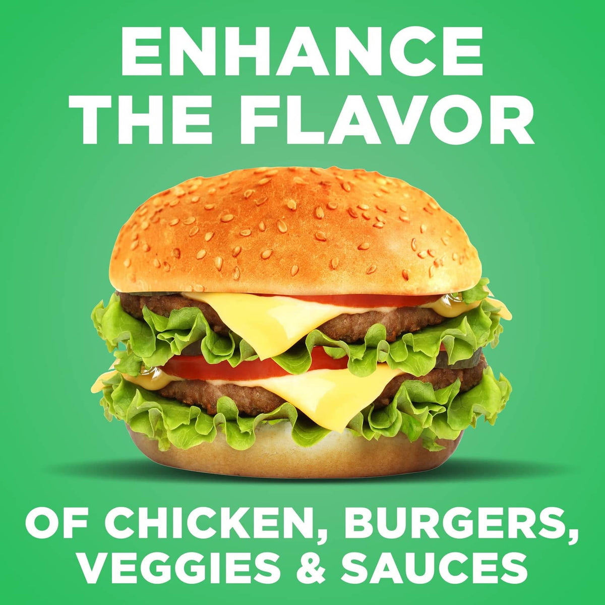 Salt-free table seasoning blend marketing panel with a burger and cheese illustration.