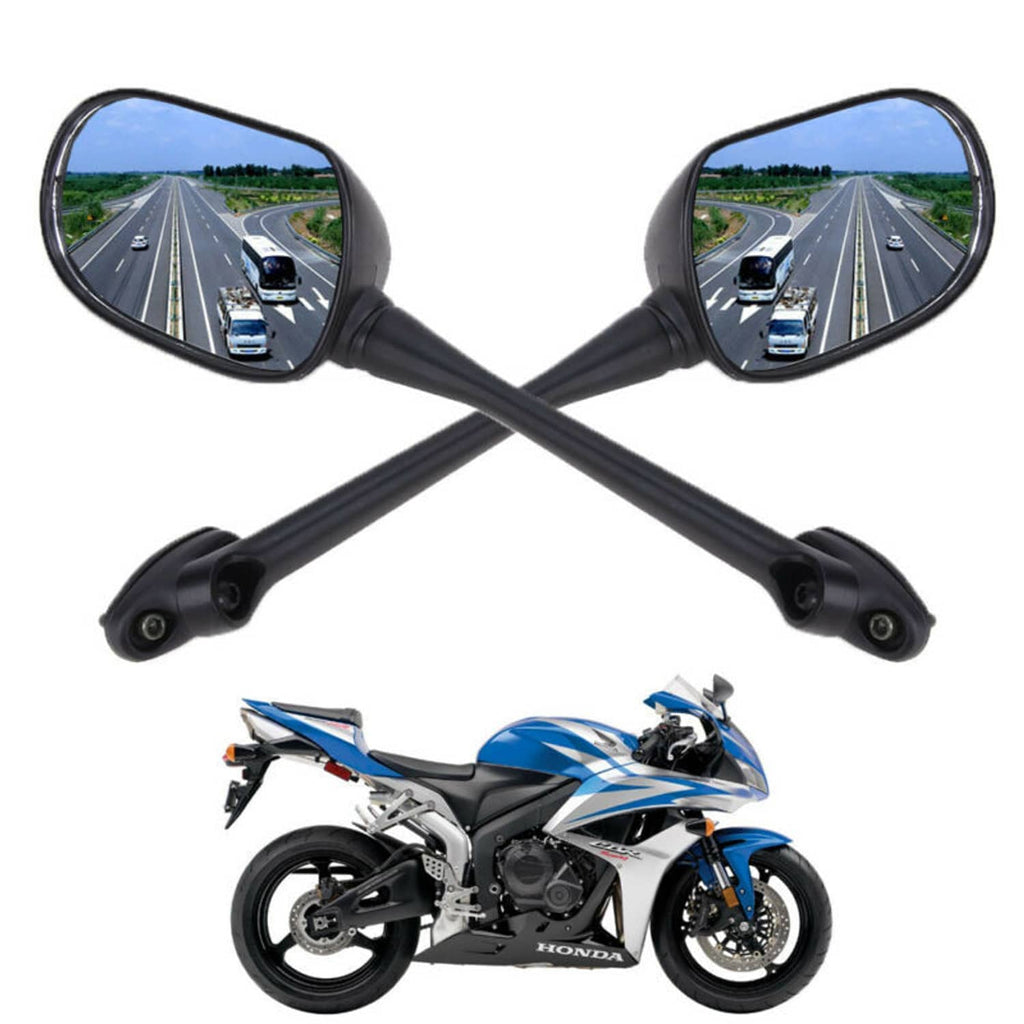 Motorcycle mirror pair with round-black arms and wide side mirror glass