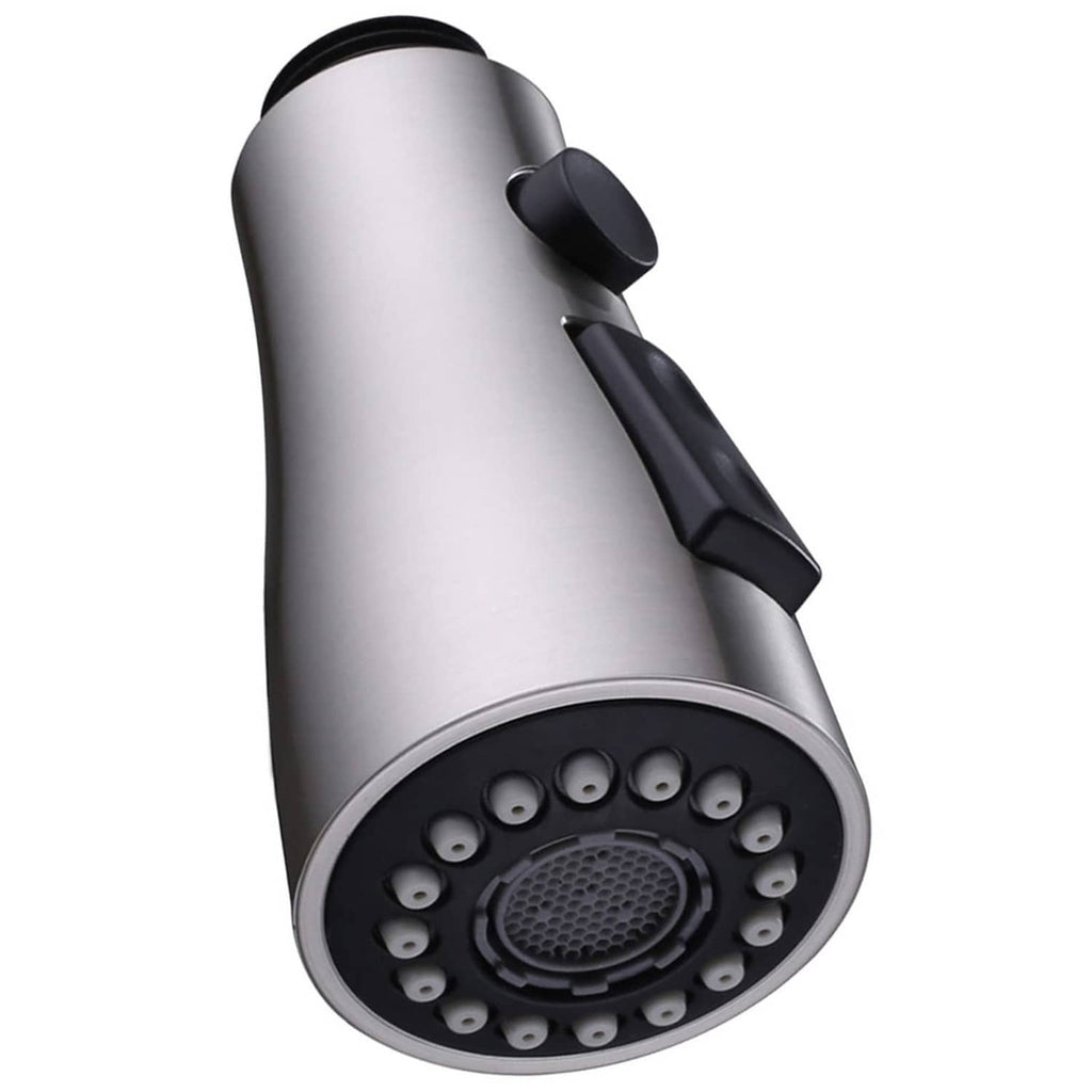 Brushed nickel handheld shower head with angled spray face and black control lever