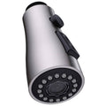 Brushed nickel handheld shower head with angled spray face and black control lever