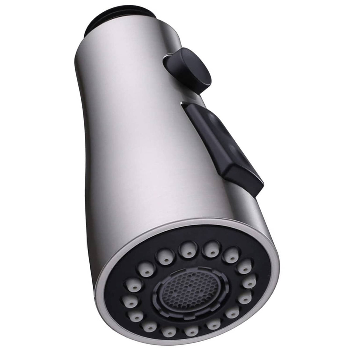Brushed nickel handheld shower head with angled spray face and black control lever