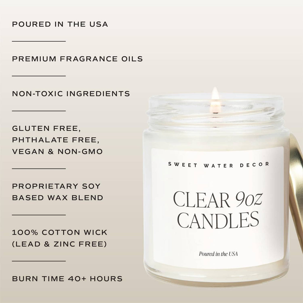 Clear 9 oz candles jar with lid and lit wick; Sweet Water Decor label