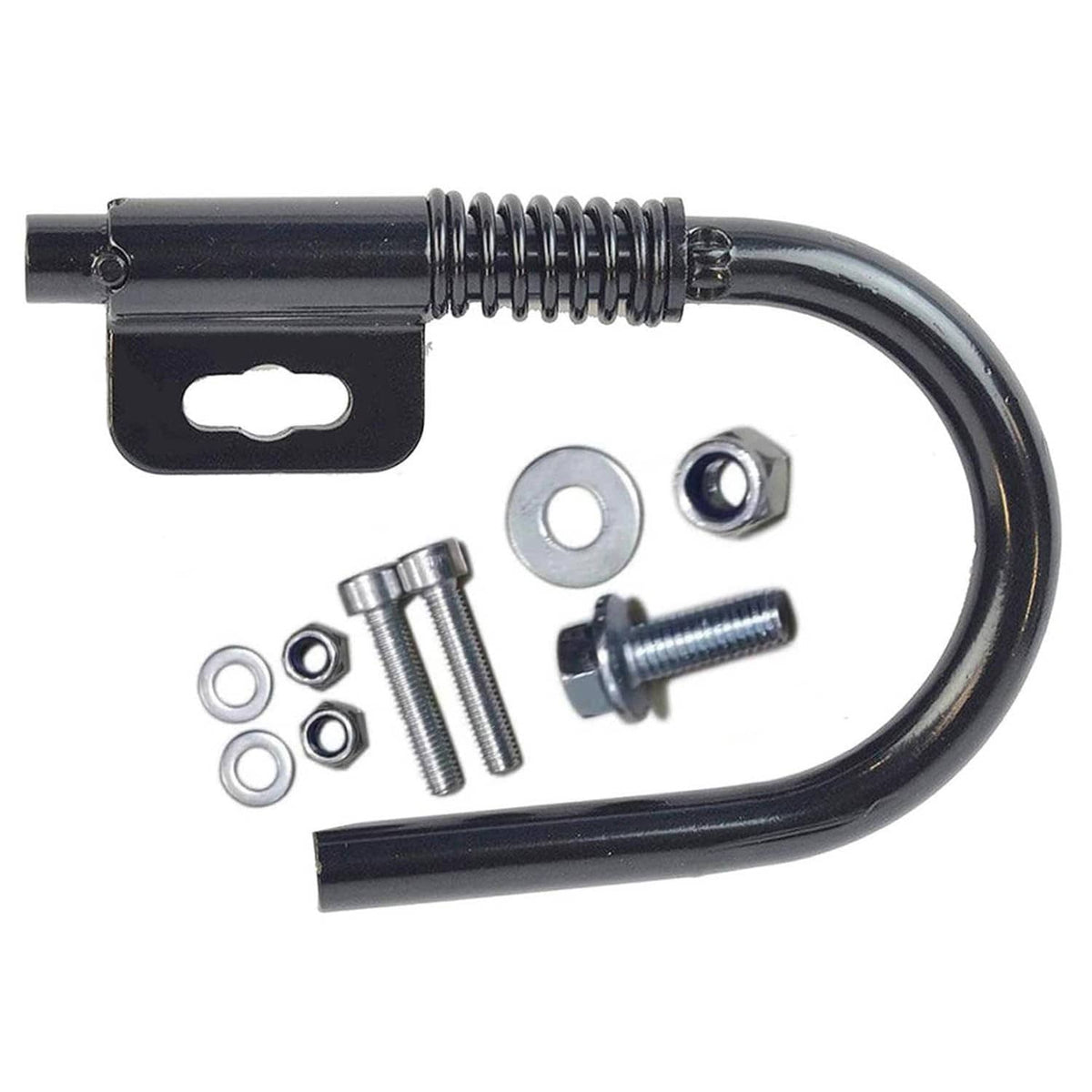 U-shaped hanger hook with coiled spring and mounting hardware pieces