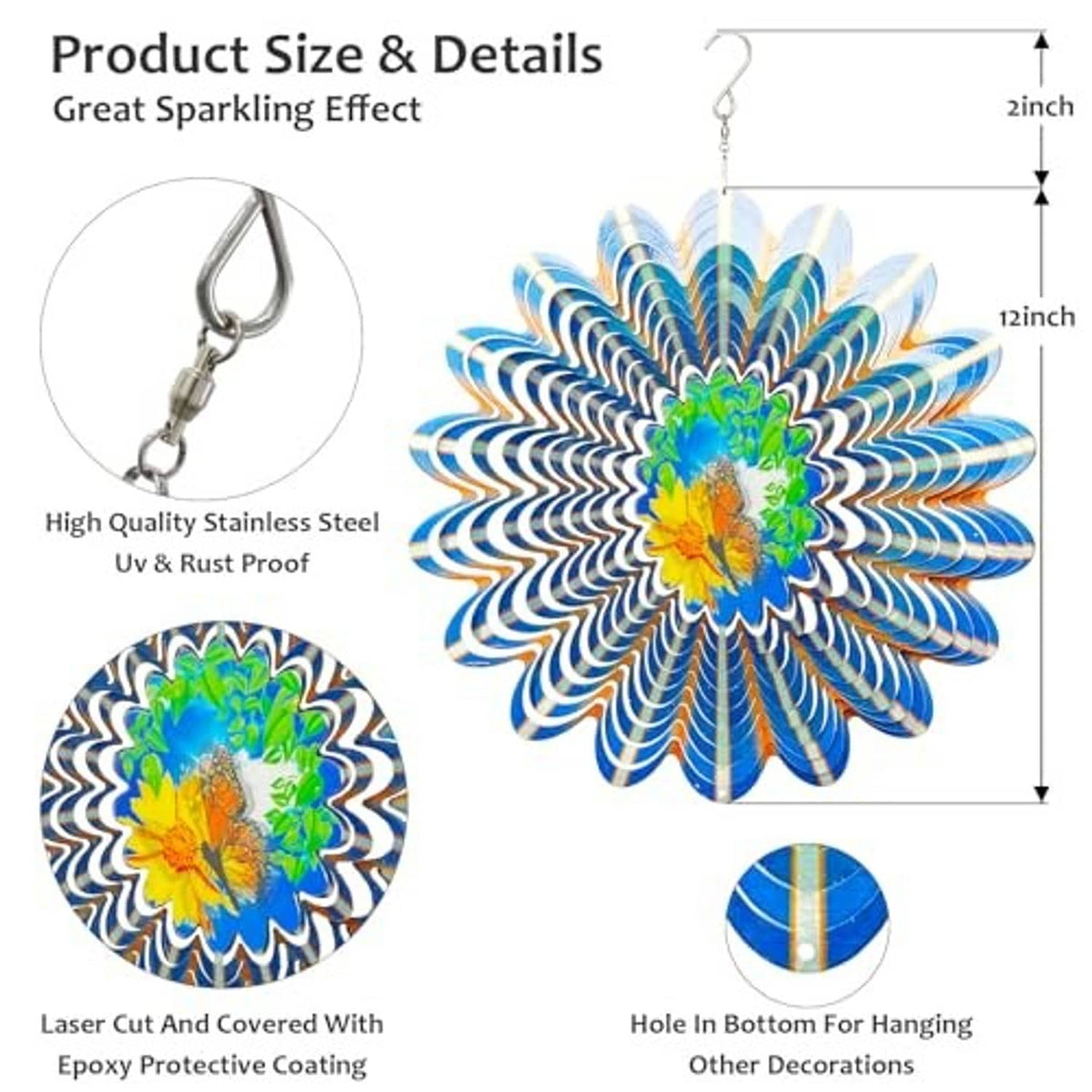 Butterfly wind spinner diagram featuring stainless steel vanes and hanging loop