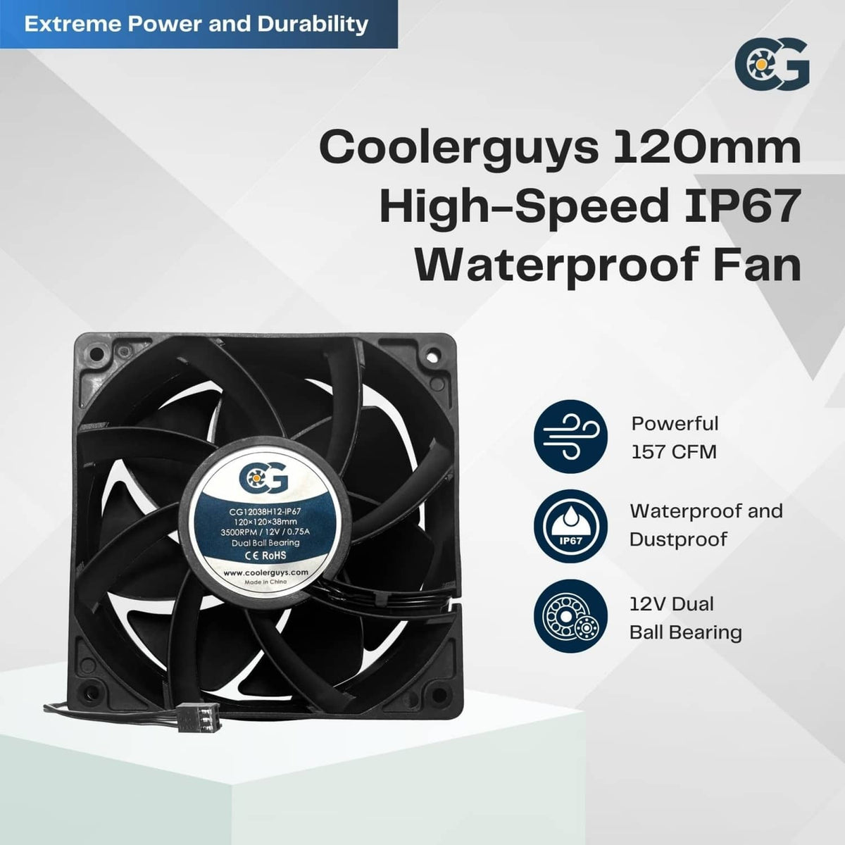 Black 120mm high-speed IP67 waterproof cooling fan with mounting frame