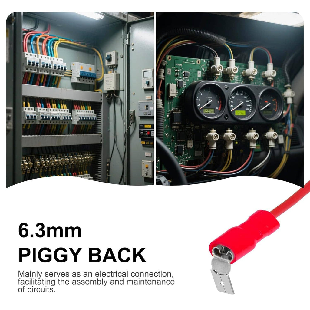 Red insulated spade crimp terminal connector next to circuit wiring in an enclosure